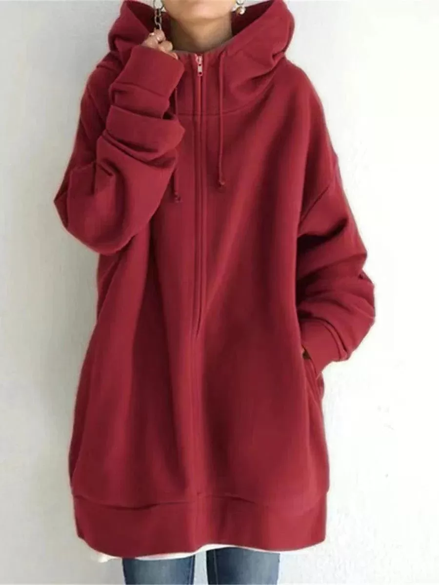 Ladies' Warm Hoodie Jacket with Long Coat and Pockets