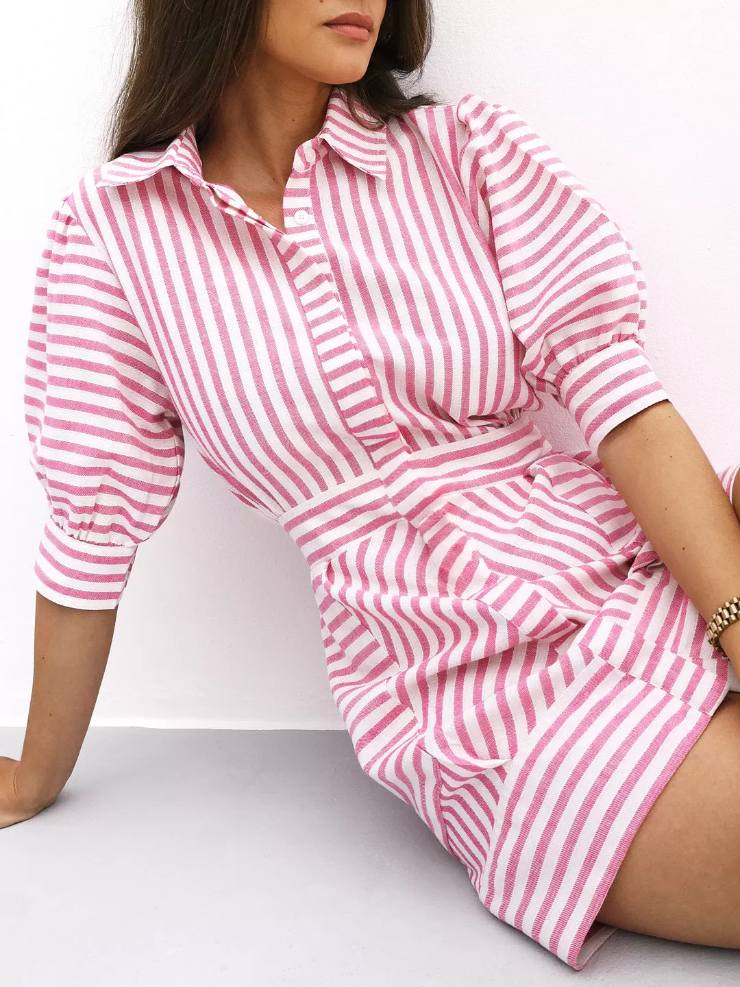 Levante Cotton Blend Stripe Dress | Sunset Pink