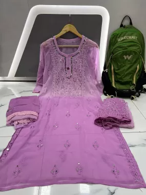 Light Purple Dye Ombre Georgette Kurti Set With Sharara and Chiffon Dupatta(Inner Included)