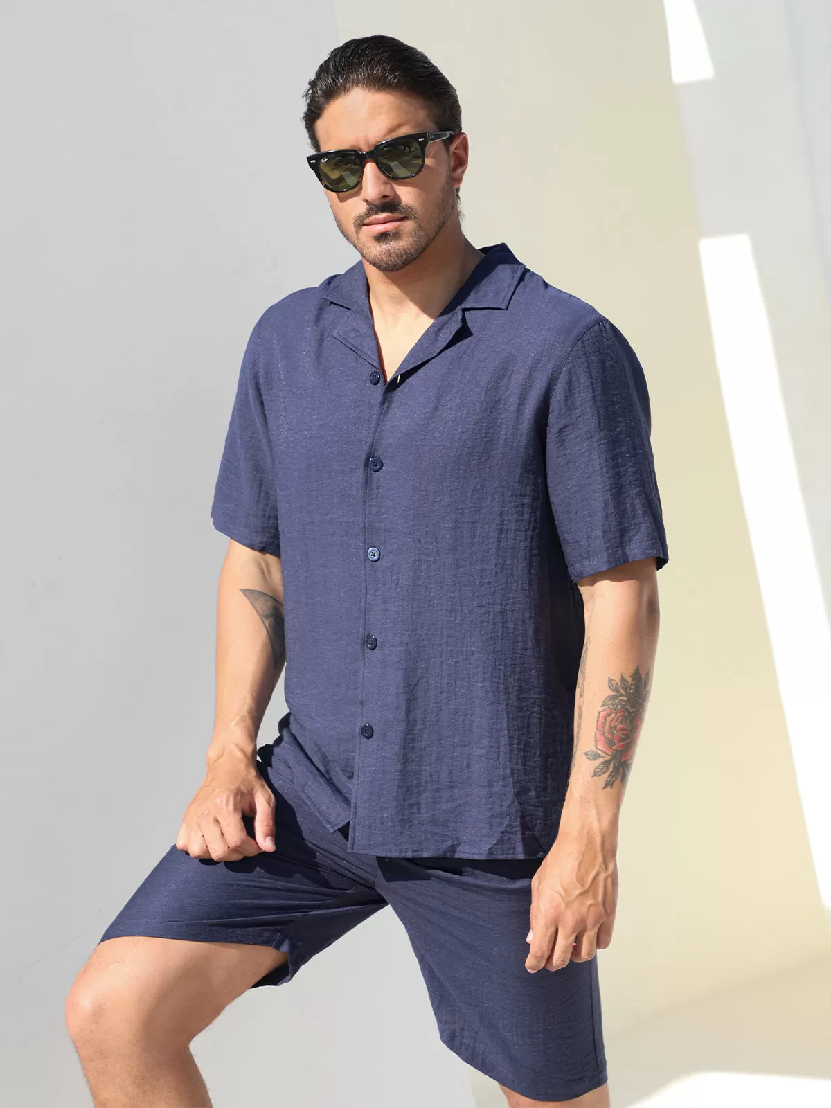 Linen Hawaiian Shirt Shorts Set Navy