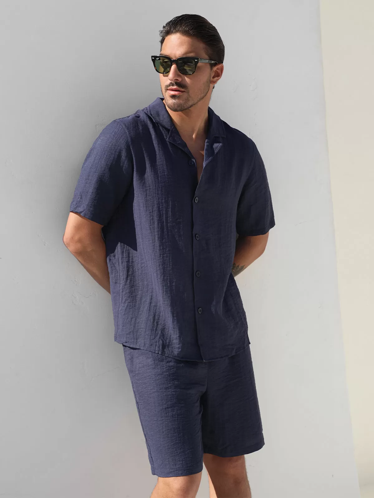 Linen Hawaiian Shirt Shorts Set Navy