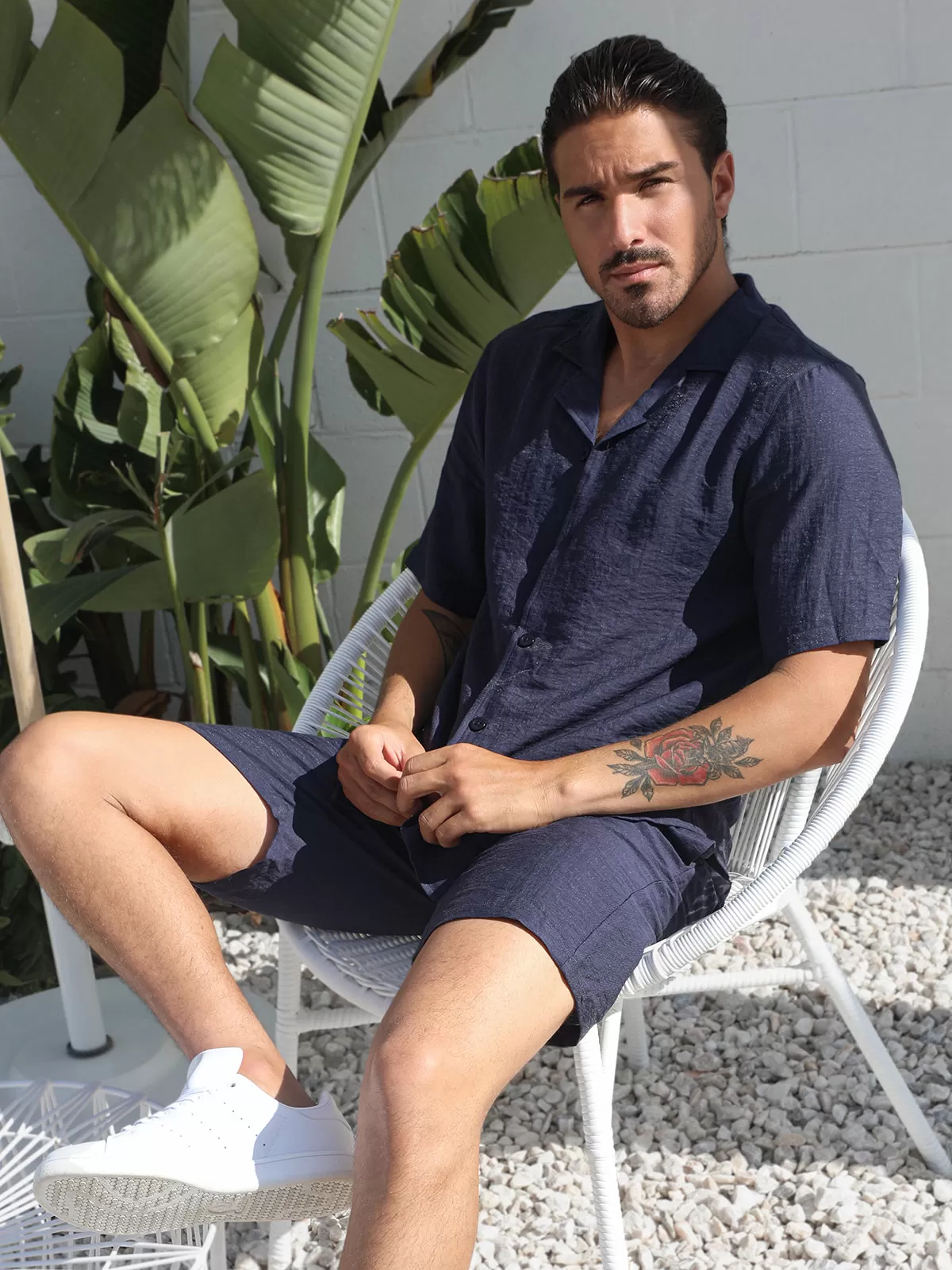 Linen Hawaiian Shirt Shorts Set Navy