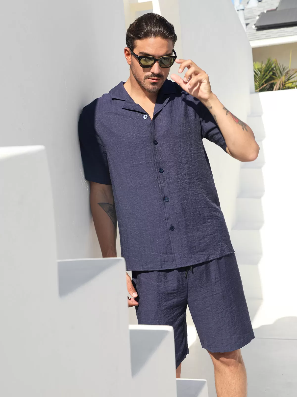 Linen Hawaiian Shirt Shorts Set Navy