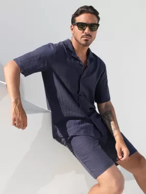 Linen Hawaiian Shirt Shorts Set Navy