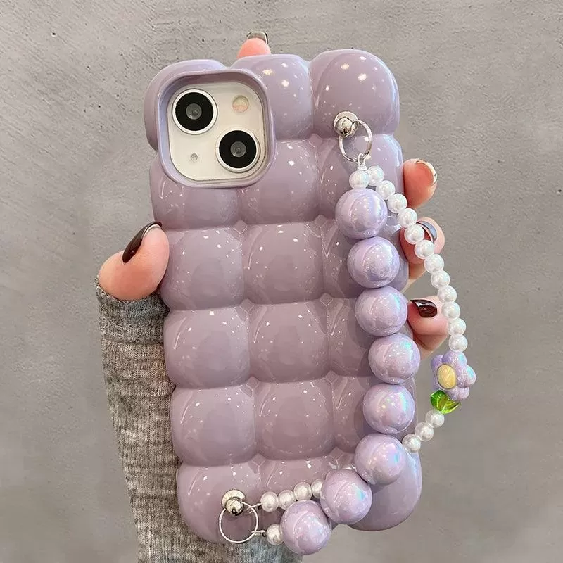 Luxury Pearl Lanyard Chain 3D Ice Lattice Cute Phone Case for iPhone 13 Pro Max, 15, 14, 11, and 12