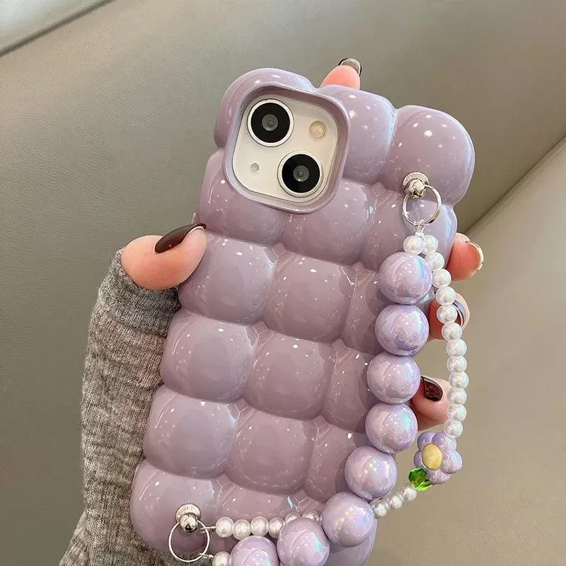 Luxury Pearl Lanyard Chain 3D Ice Lattice Cute Phone Case for iPhone 13 Pro Max, 15, 14, 11, and 12