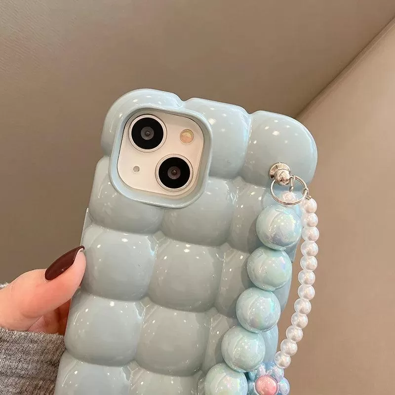 Luxury Pearl Lanyard Chain 3D Ice Lattice Cute Phone Case for iPhone 13 Pro Max, 15, 14, 11, and 12