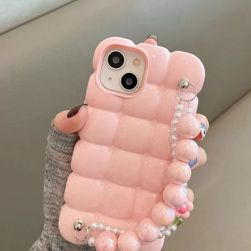 Luxury Pearl Lanyard Chain 3D Ice Lattice Cute Phone Case for iPhone 13 Pro Max, 15, 14, 11, and 12