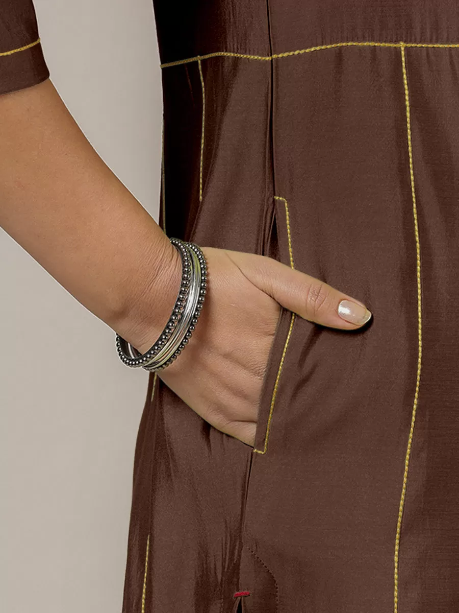 Mahi x Rozaana | A Line Kurta in Walnut Brown with Thread Work | Coords or Only Kurta