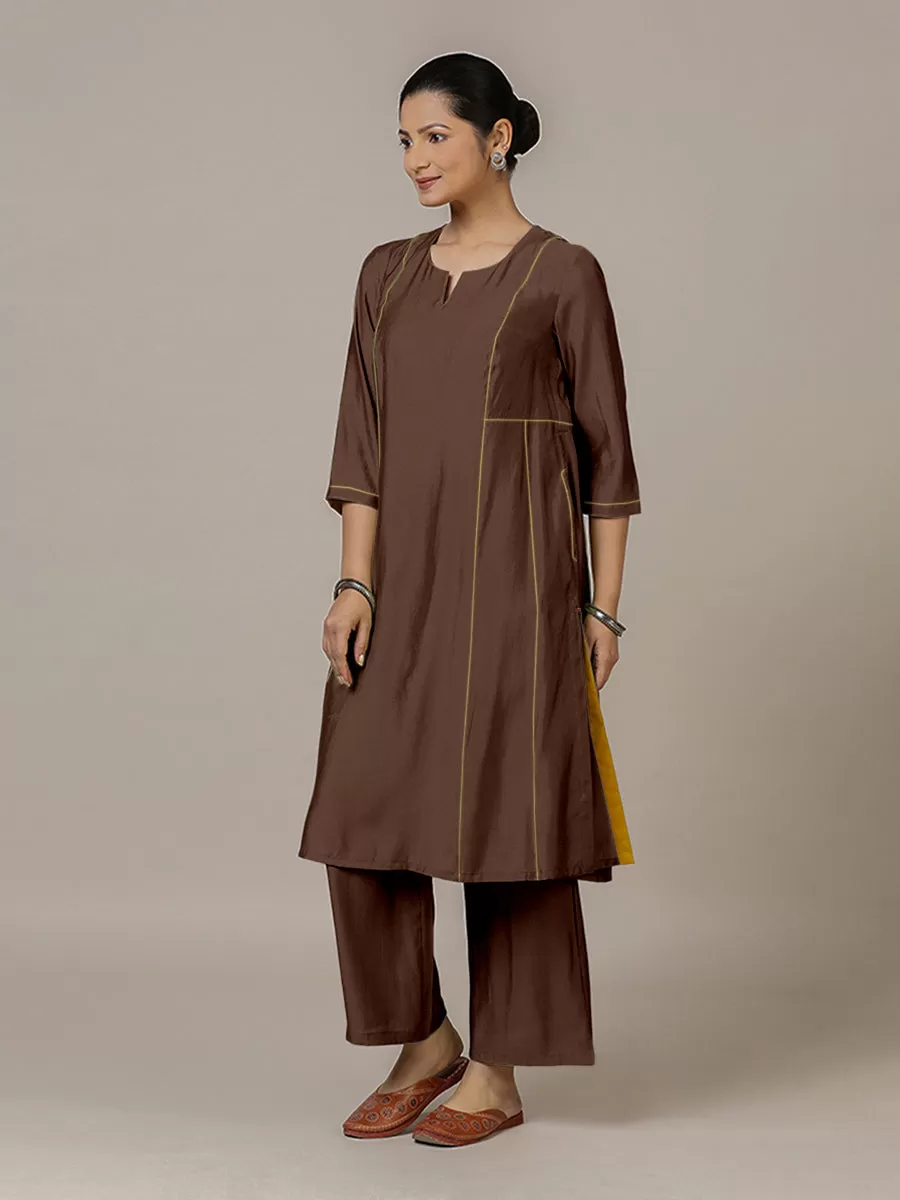 Mahi x Rozaana | A Line Kurta in Walnut Brown with Thread Work | Coords or Only Kurta