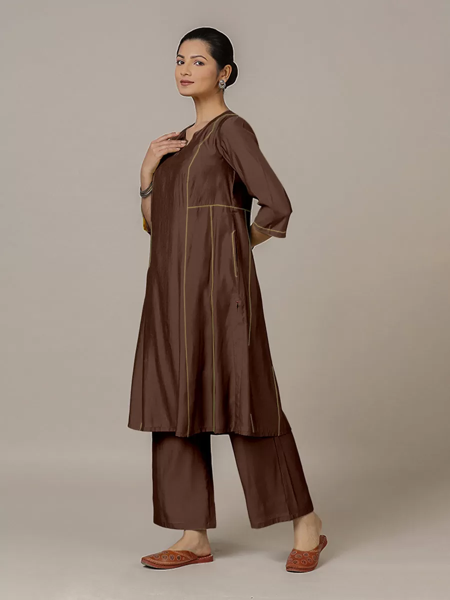 Mahi x Rozaana | A Line Kurta in Walnut Brown with Thread Work | Coords or Only Kurta