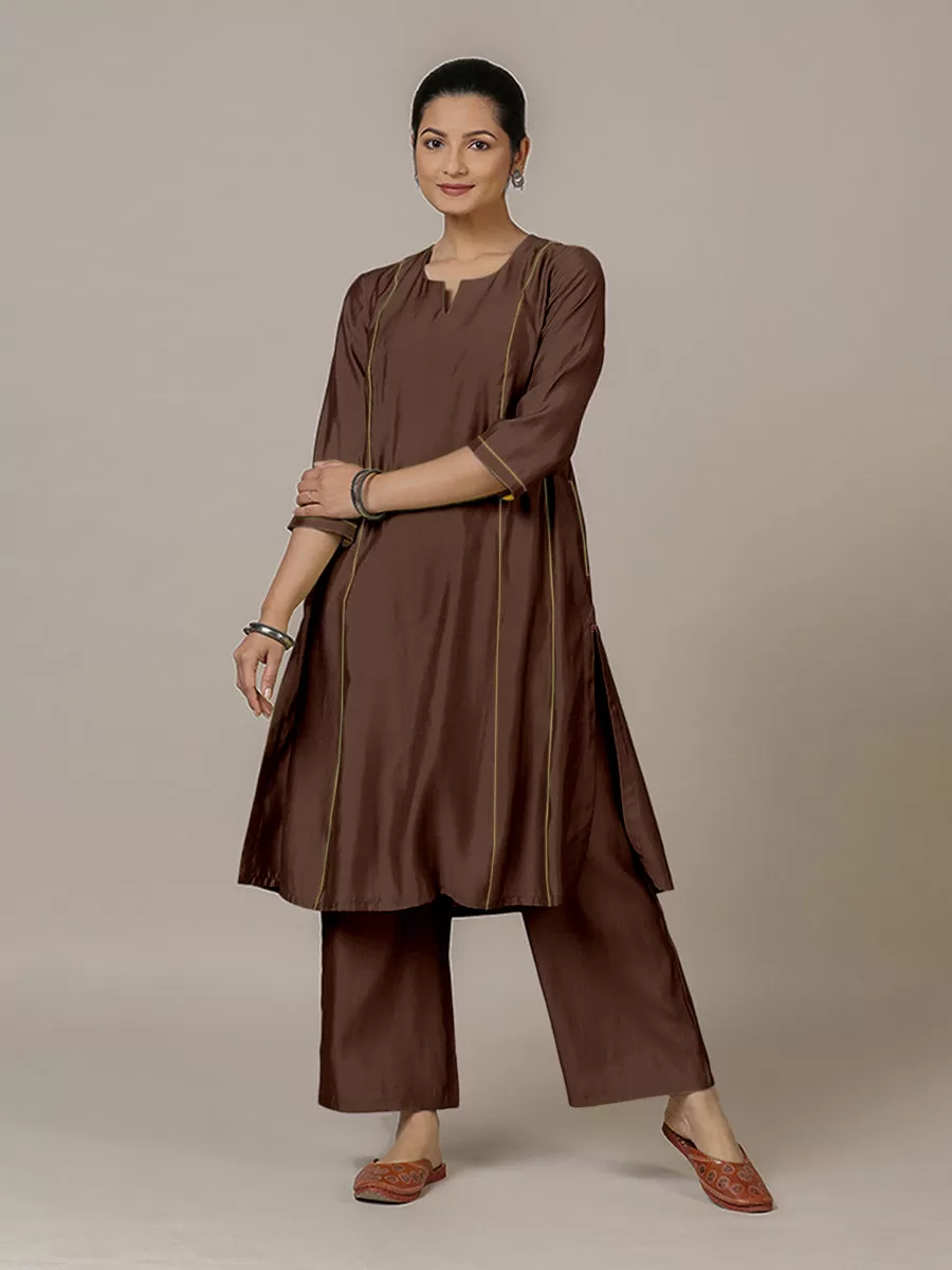 Mahi x Rozaana | A Line Kurta in Walnut Brown with Thread Work | Coords or Only Kurta