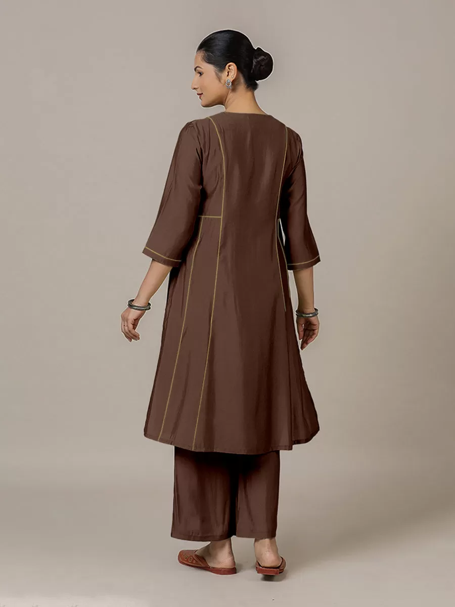 Mahi x Rozaana | A Line Kurta in Walnut Brown with Thread Work | Coords or Only Kurta