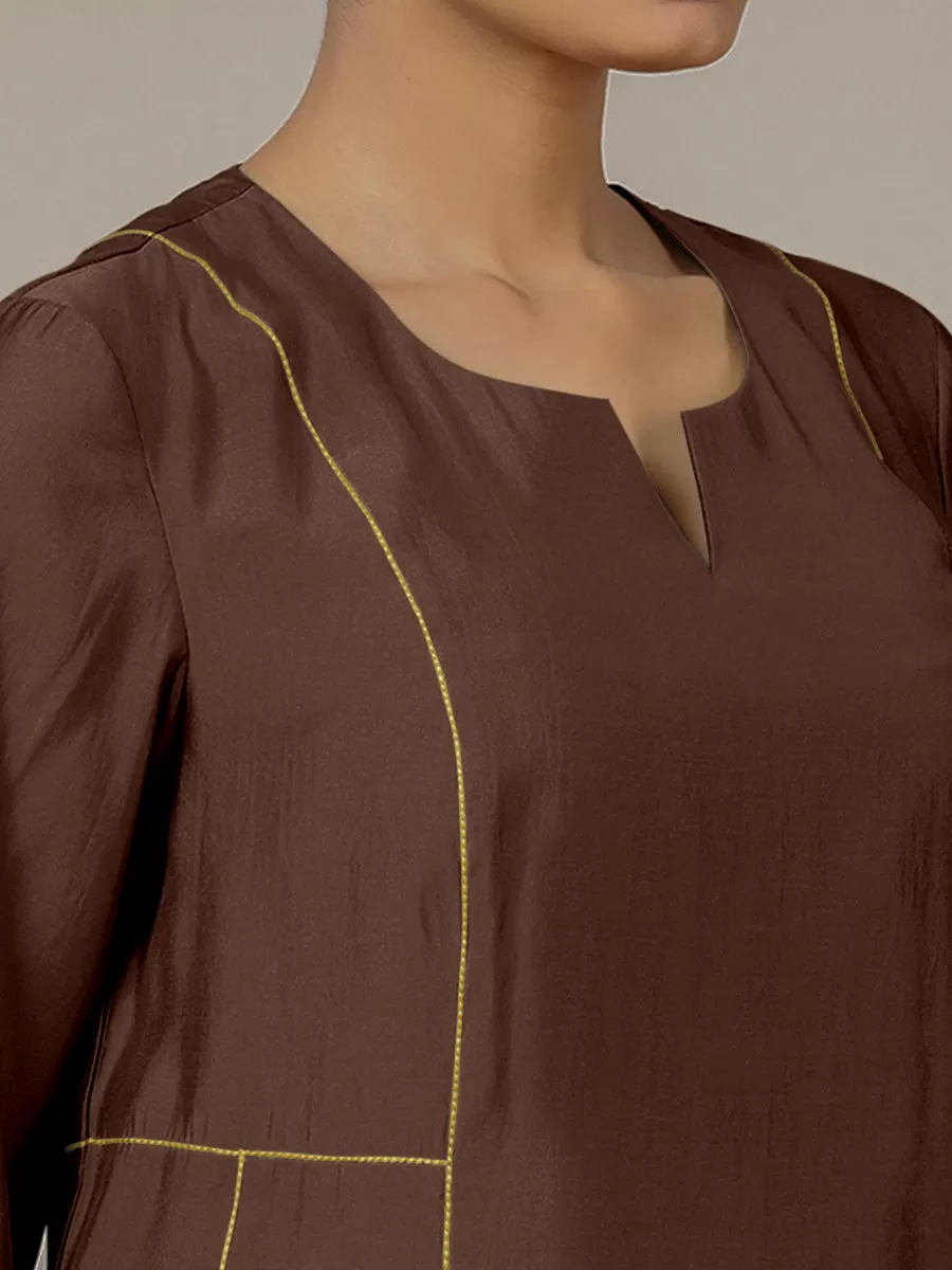 Mahi x Rozaana | A Line Kurta in Walnut Brown with Thread Work | Coords or Only Kurta