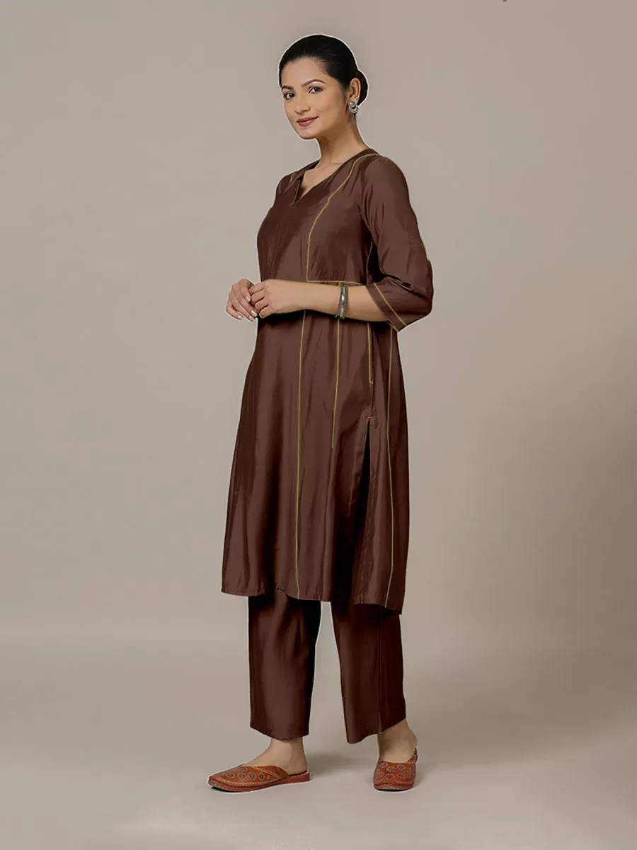 Mahi x Rozaana | A Line Kurta in Walnut Brown with Thread Work | Coords or Only Kurta