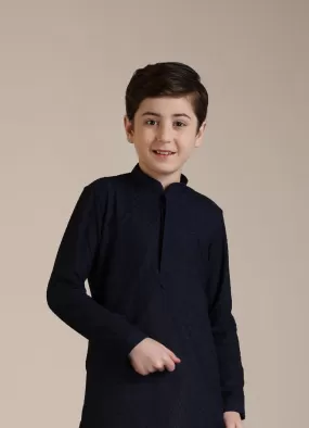 Manyavar Boys Dark Blue Jaal Patterned Kurta Set