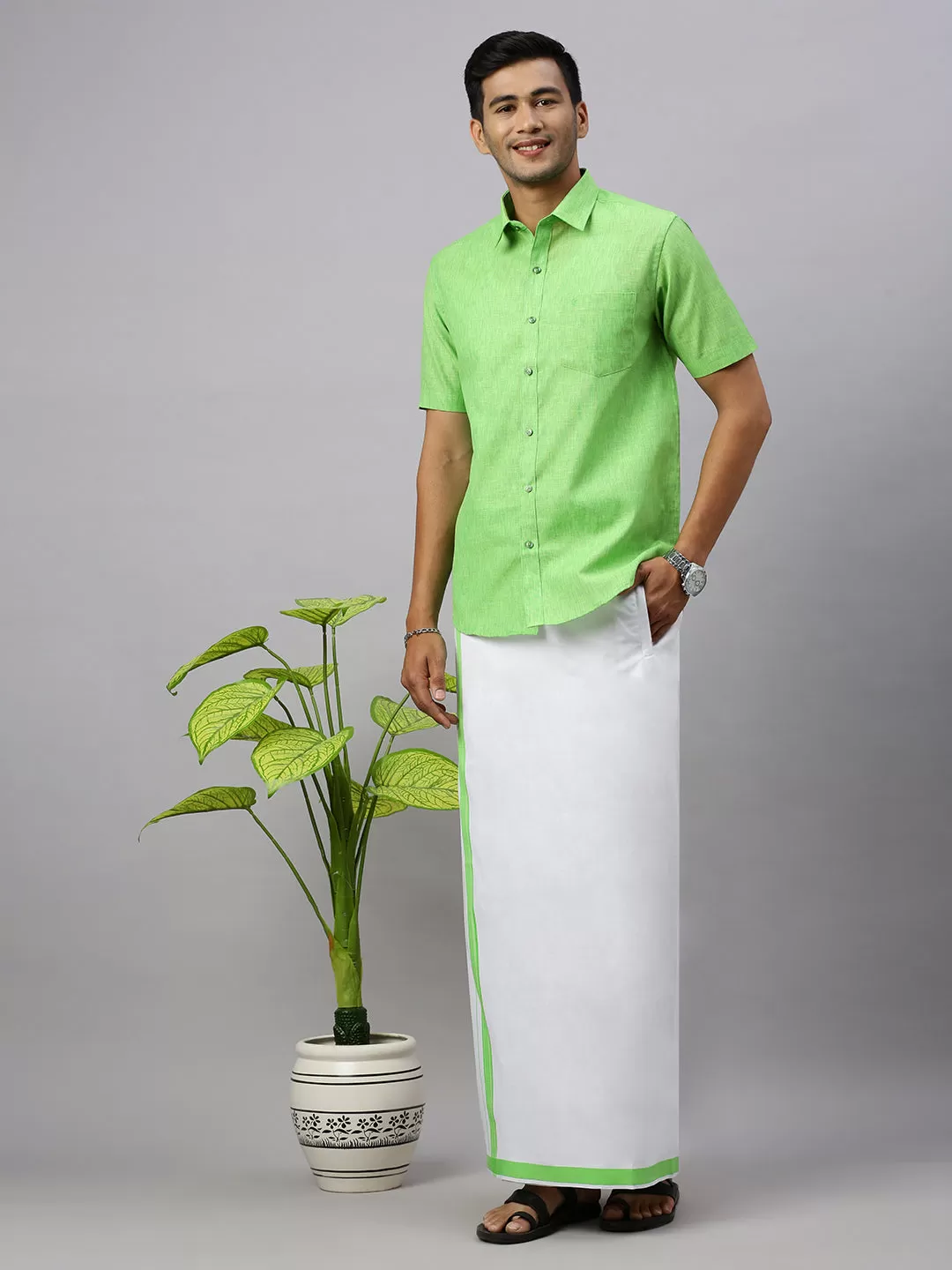 Men Matching Border Adjustable Dhoti & Half Sleeves Shirt Set Green CC6