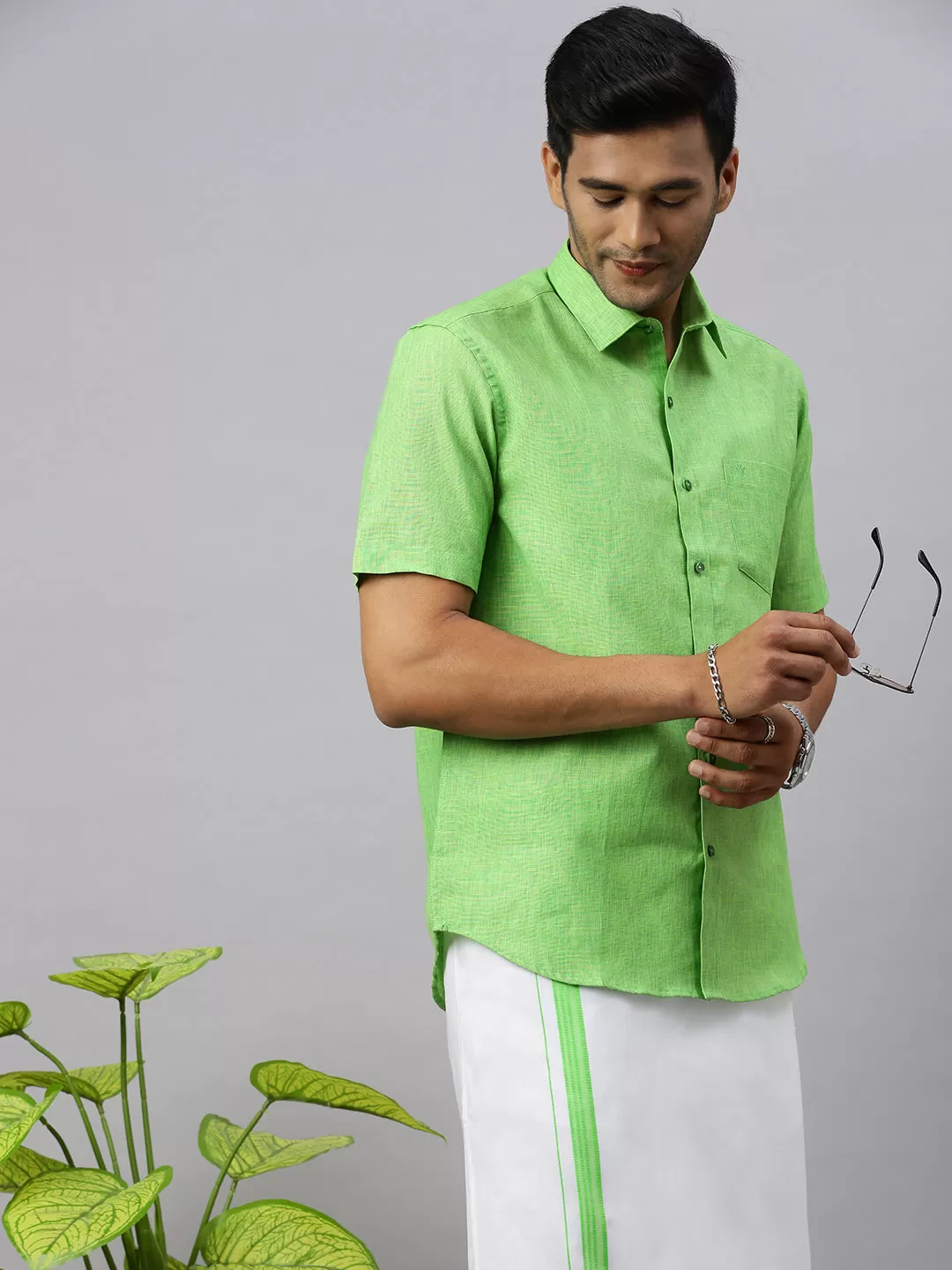 Men Matching Border Adjustable Dhoti & Half Sleeves Shirt Set Green CC6