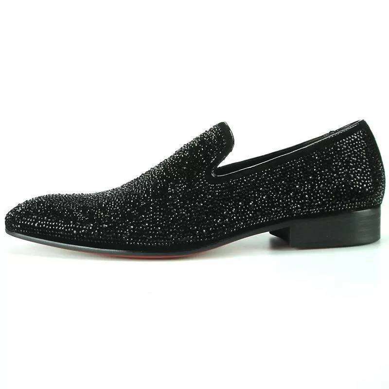 Men's Fiesso Suede Black Crystals Entertainer Fashion Slip On Shoes FI 7101