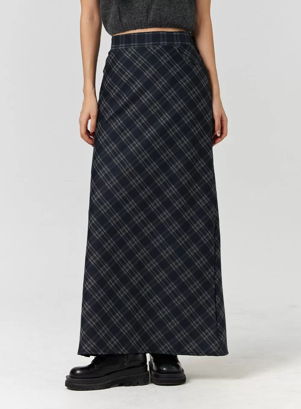 Mid Waist Check Pocket Zip Maxi Skirt CD328