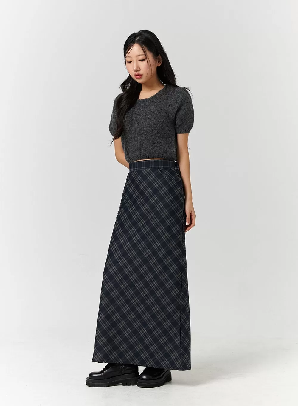 Mid Waist Check Pocket Zip Maxi Skirt CD328