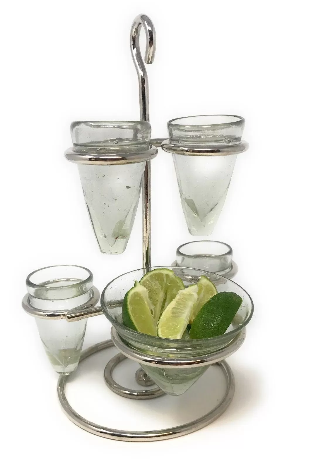 Nickel Tequila Flight Caddy with 4 Glasses & 1 Bowl