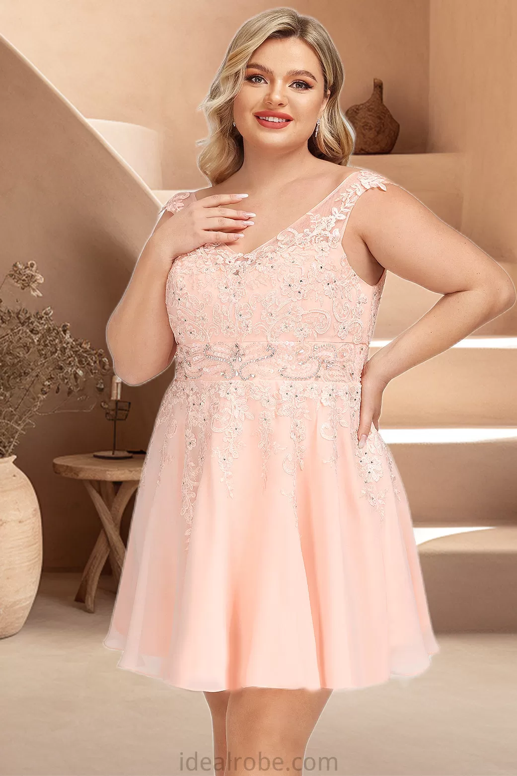 Piper A-line V-Neck Knee-Length Chiffon Lace Homecoming Dress With Beading STKP0020565