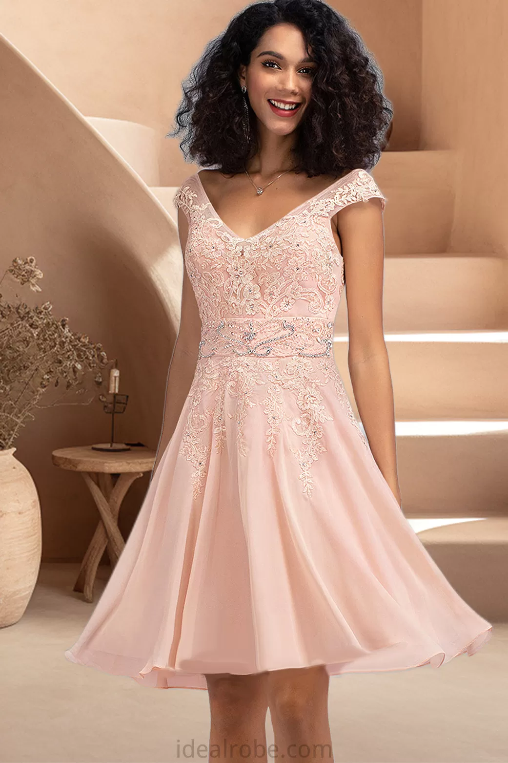 Piper A-line V-Neck Knee-Length Chiffon Lace Homecoming Dress With Beading STKP0020565