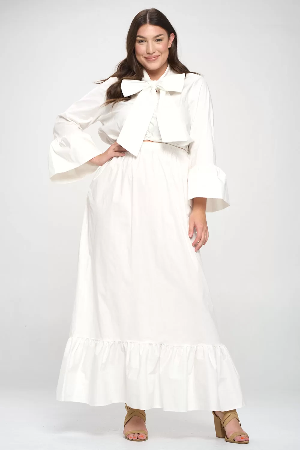 Poplin Bell Sleeve Top and Maxi Skirt Set