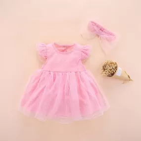 Princess-Style Short-Sleeved Mesh Dress with Adorable Bow for Girls