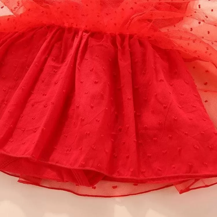 Princess-Style Short-Sleeved Mesh Dress with Adorable Bow for Girls