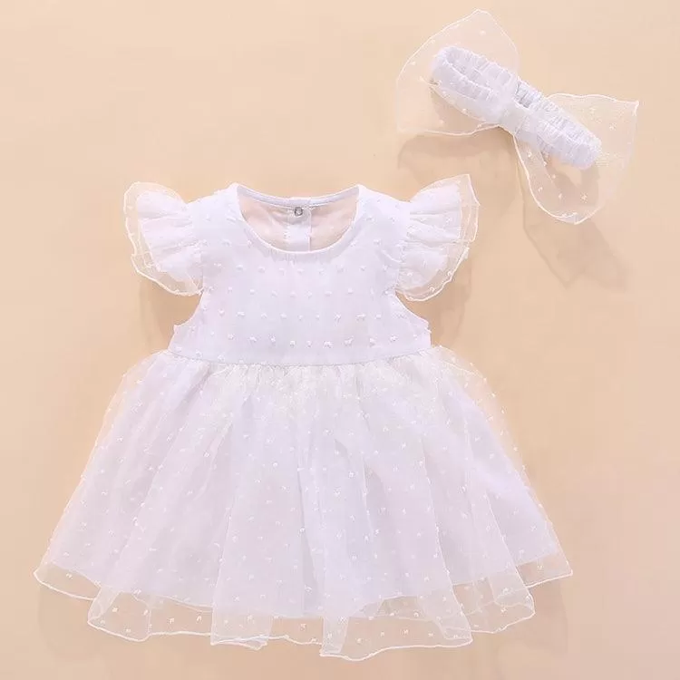 Princess-Style Short-Sleeved Mesh Dress with Adorable Bow for Girls