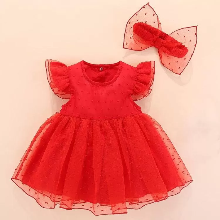 Princess-Style Short-Sleeved Mesh Dress with Adorable Bow for Girls