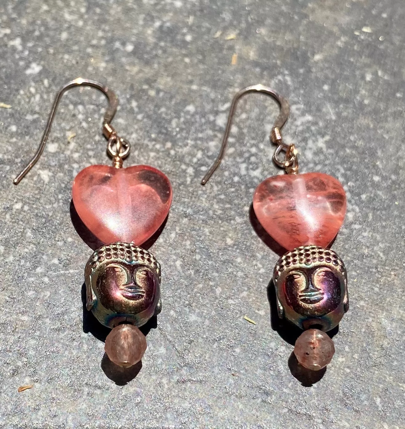 Rainbow Hematite Buddha with rose quartz hearts gemstone Earrings