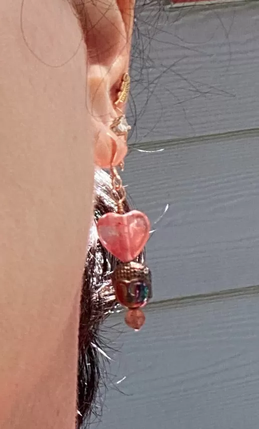 Rainbow Hematite Buddha with rose quartz hearts gemstone Earrings