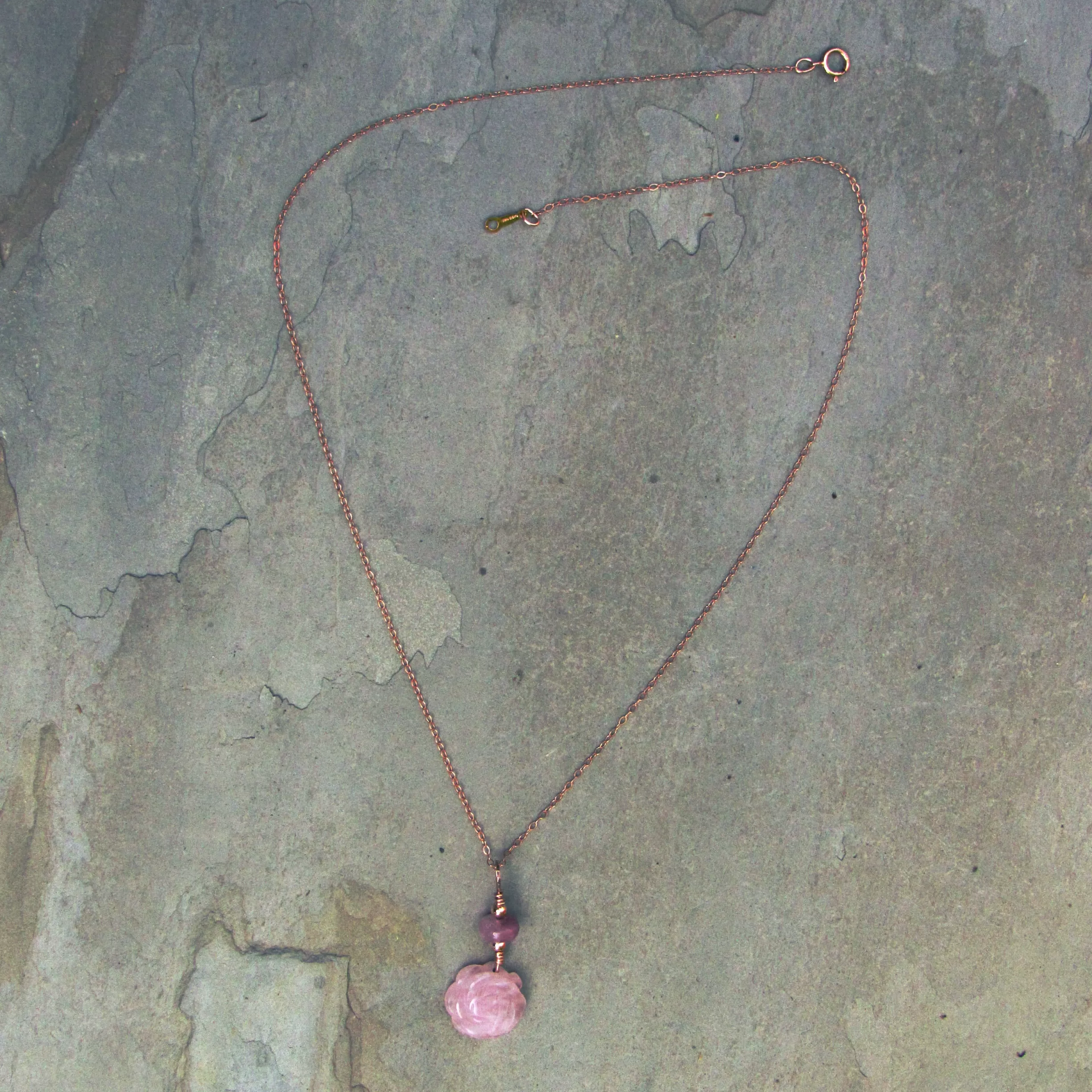 Rose Quartz Flower with Pink Tourmaline hand Wrapped on 14 Kt Gold Fill Necklace