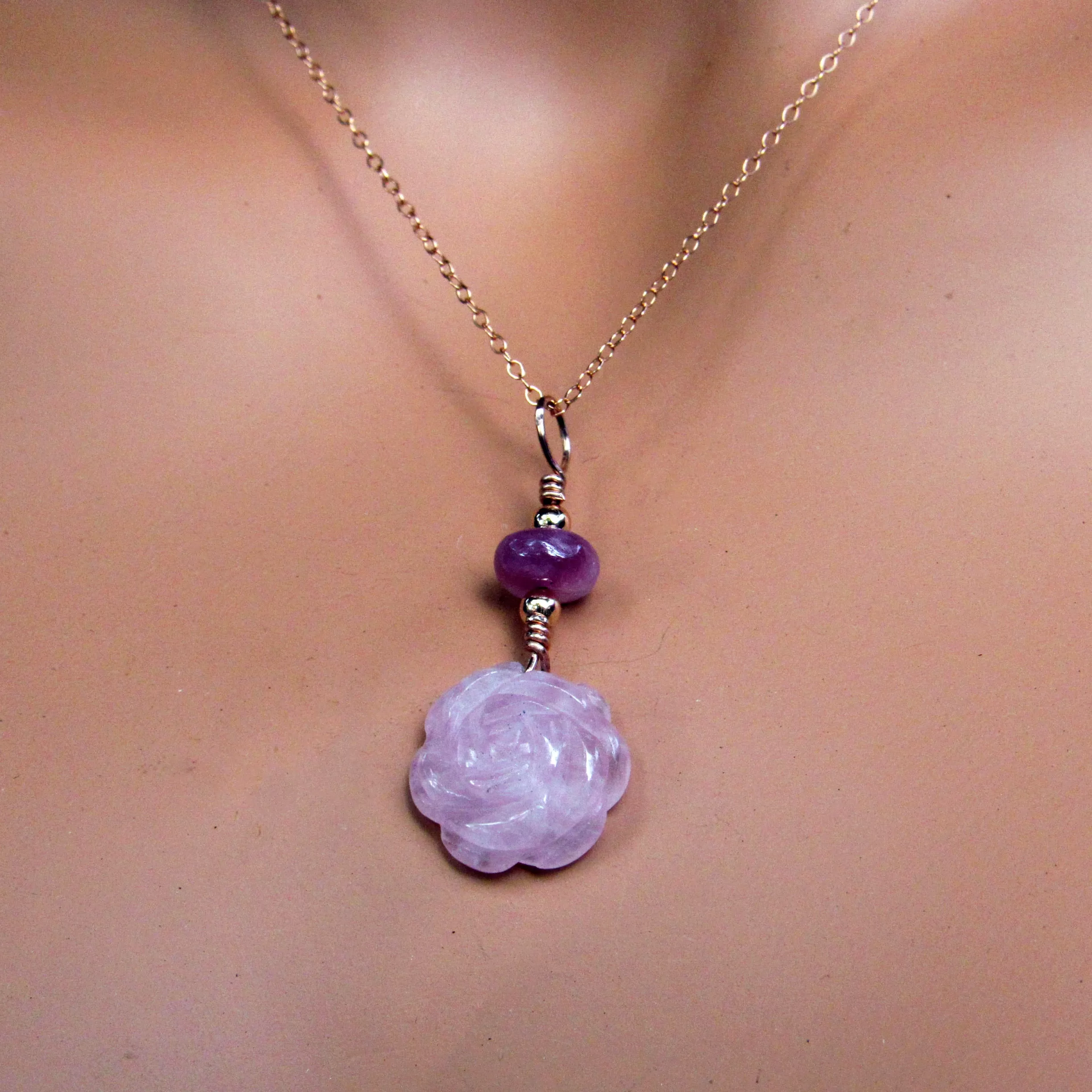 Rose Quartz Flower with Pink Tourmaline hand Wrapped on 14 Kt Gold Fill Necklace