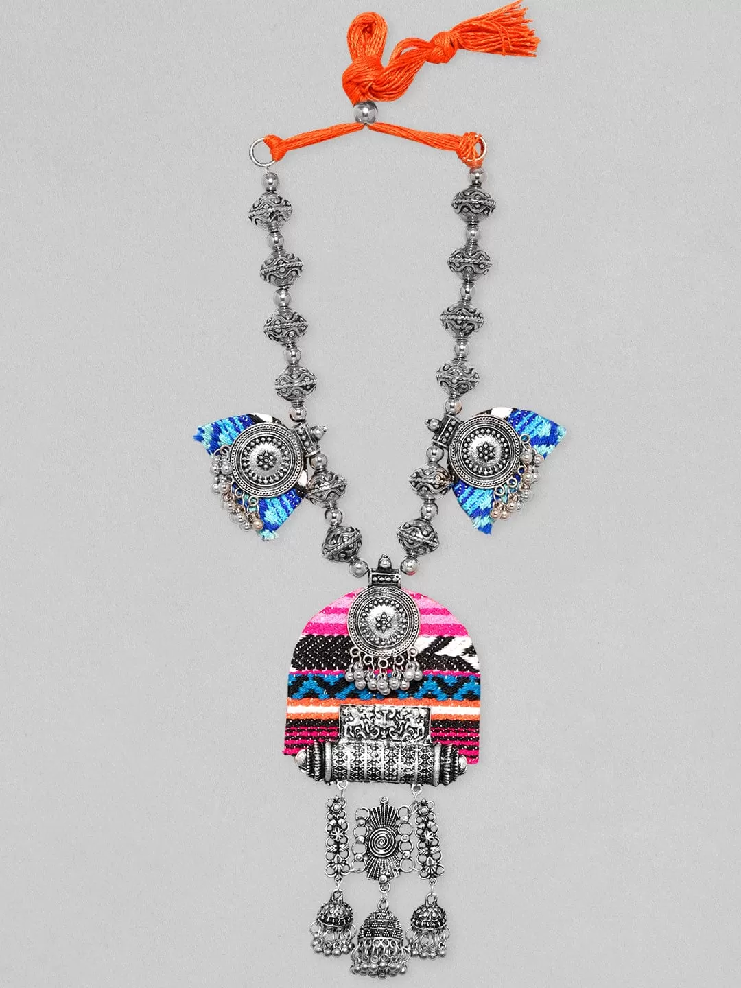 Rubans Oxidized Silver Plated Beaded & Threaded Statement Long Necklace