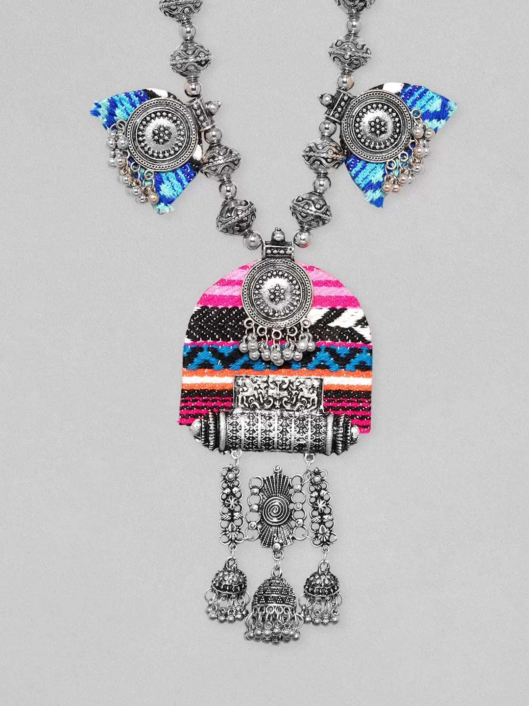 Rubans Oxidized Silver Plated Beaded & Threaded Statement Long Necklace