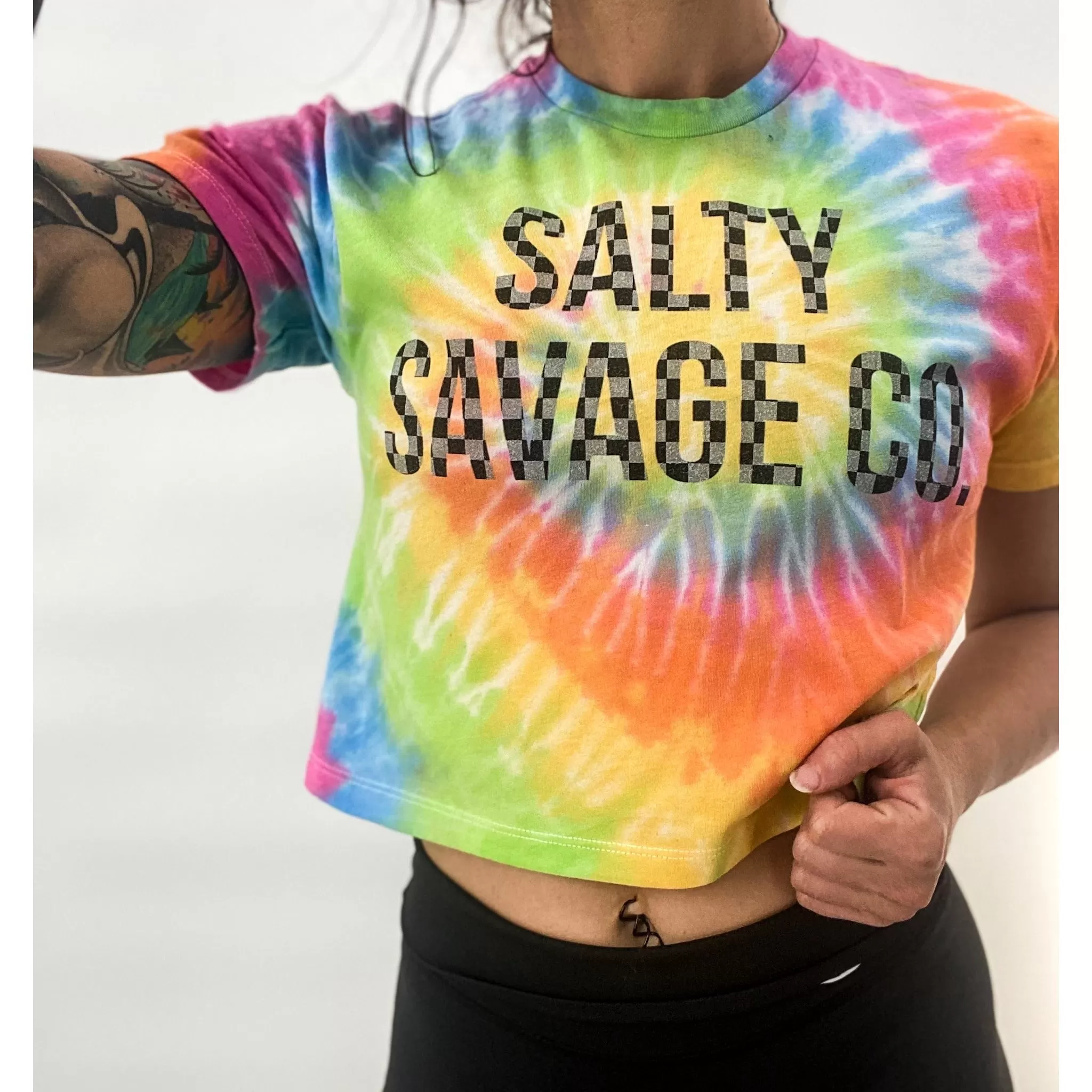 Salty Savage Ladies "Checkered Logo" Spiral Tie Dye Crop Tee