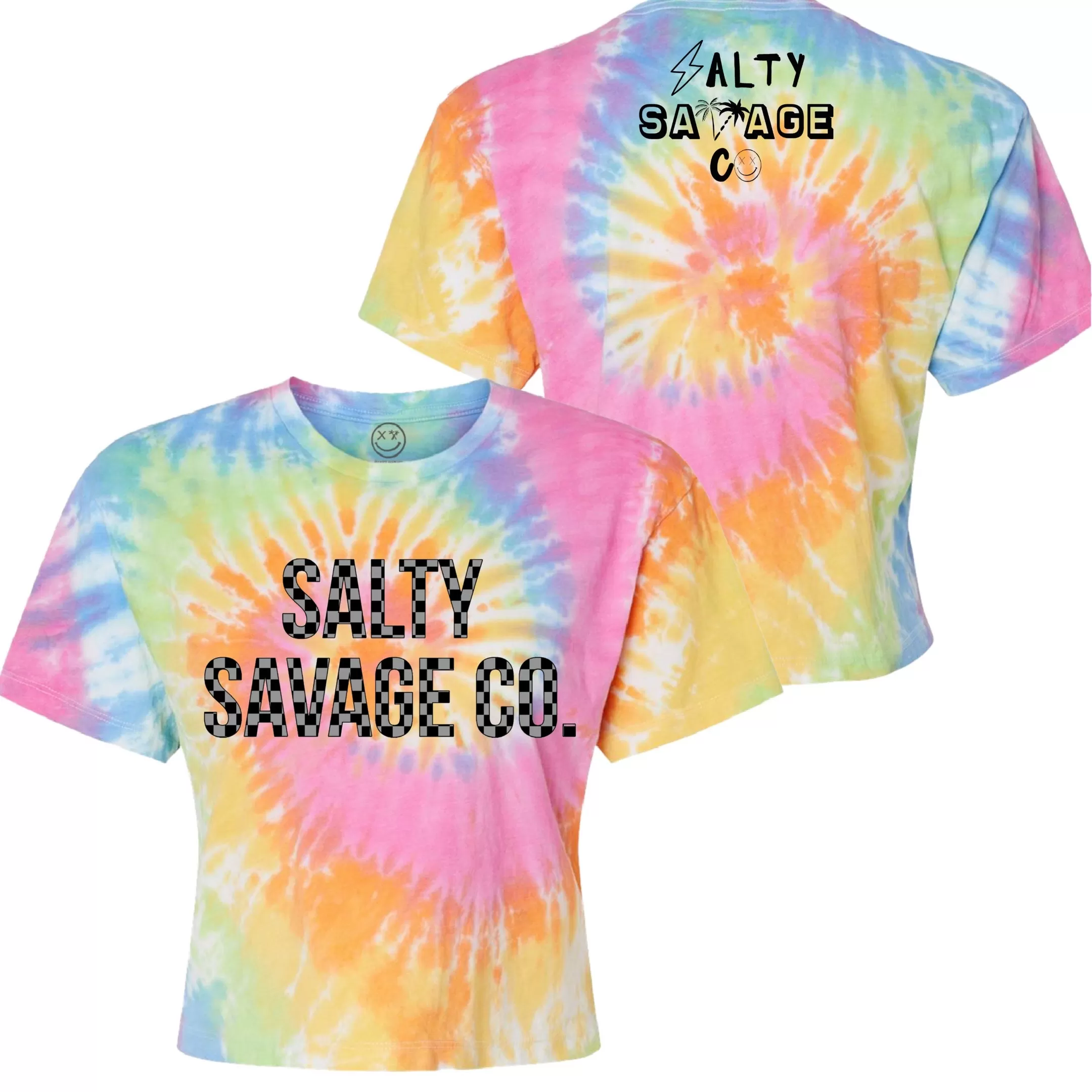 Salty Savage Ladies "Checkered Logo" Spiral Tie Dye Crop Tee