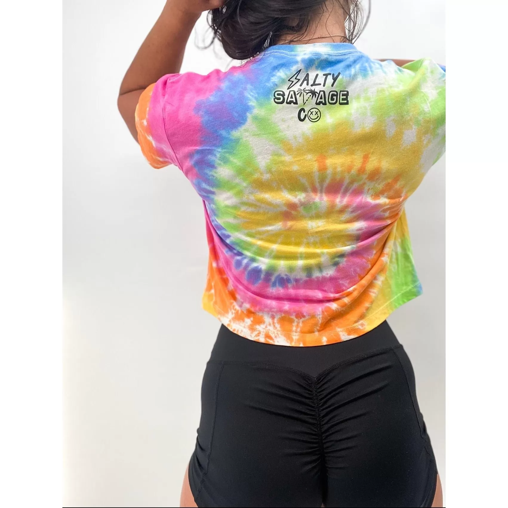 Salty Savage Ladies "Checkered Logo" Spiral Tie Dye Crop Tee