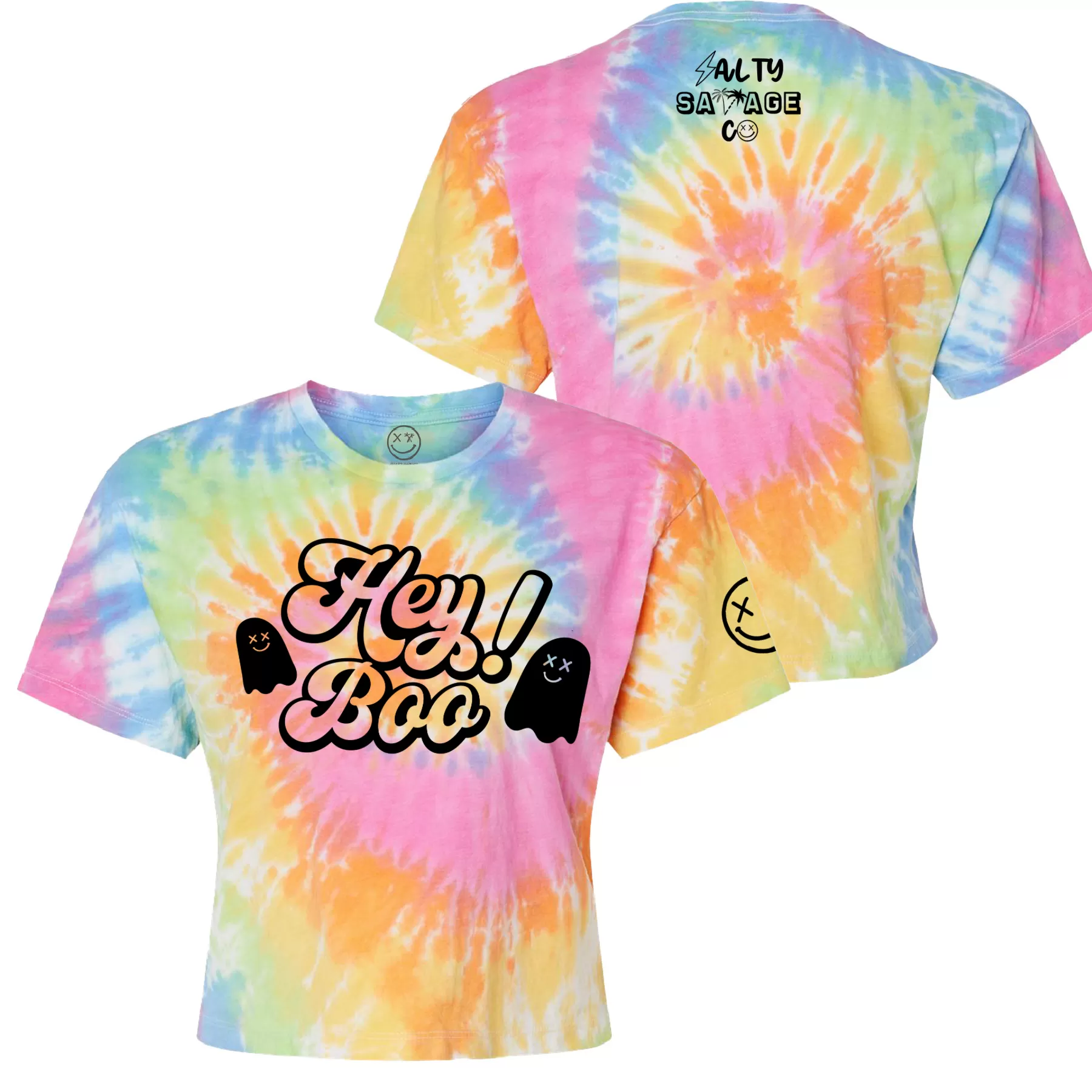 Salty Savage Ladies "HEY BOO" Spiral Tie Dye Crop Tee