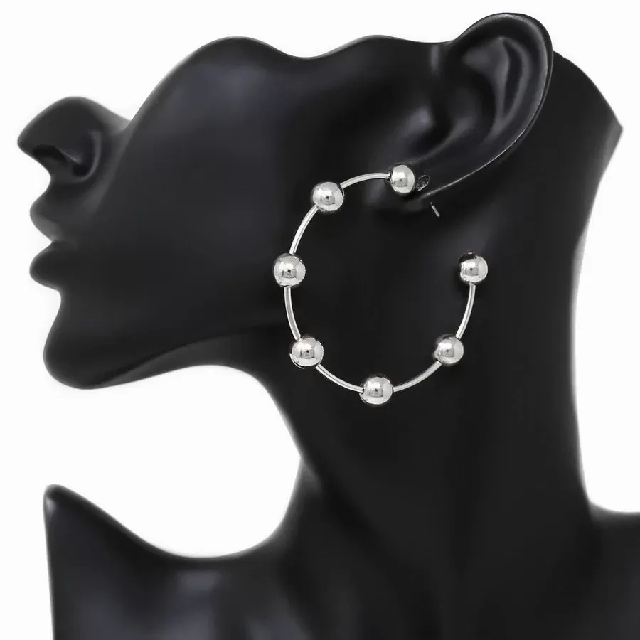 Silver Bead Ball Hoop Post Earrings