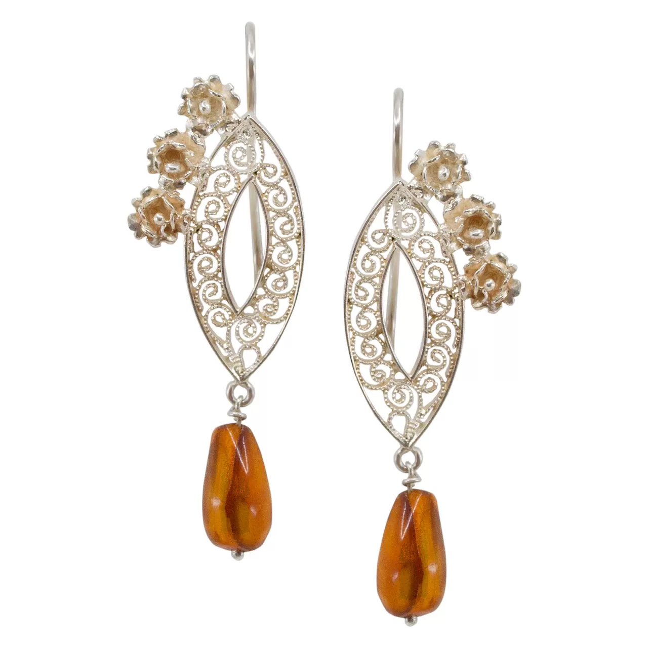 Silver Filigree and Flower Amber Bead Drop Earrings