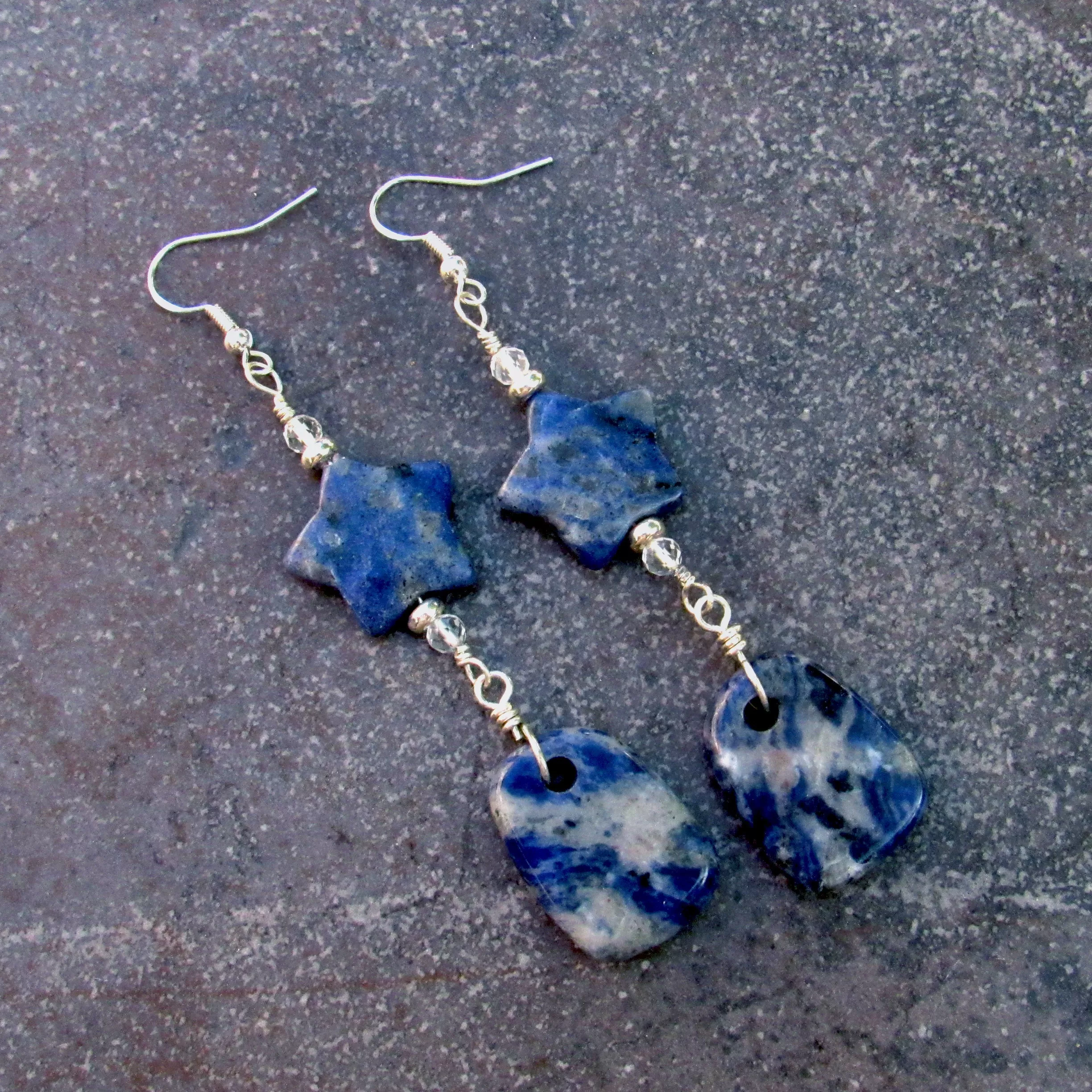 Sodalite Gemstone Star, White Topaz and Sterling Silver Drop Earrings