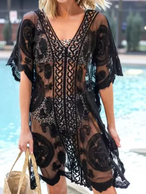 Sunset Vacation  Lace V-Neck Half Sleeve Beach Cover Up