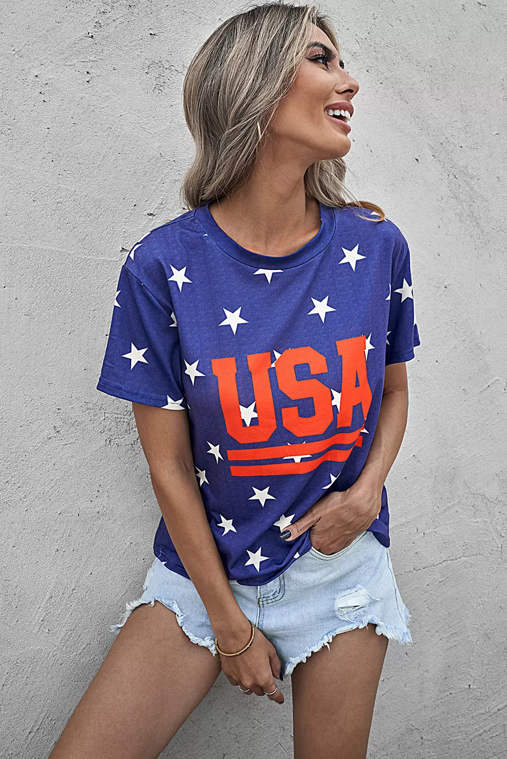 T-Shirt mit Rundhalsausschnitt und USA-Sternen-Print