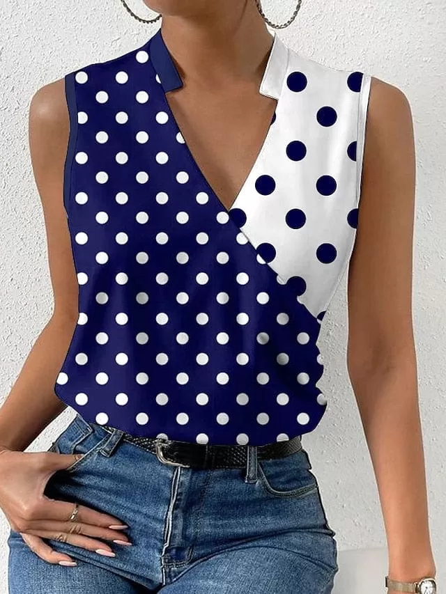 Tank Top Black Wine Blue Polka Dot Print Sleeveless Casual Basic V Neck Regular S for Women