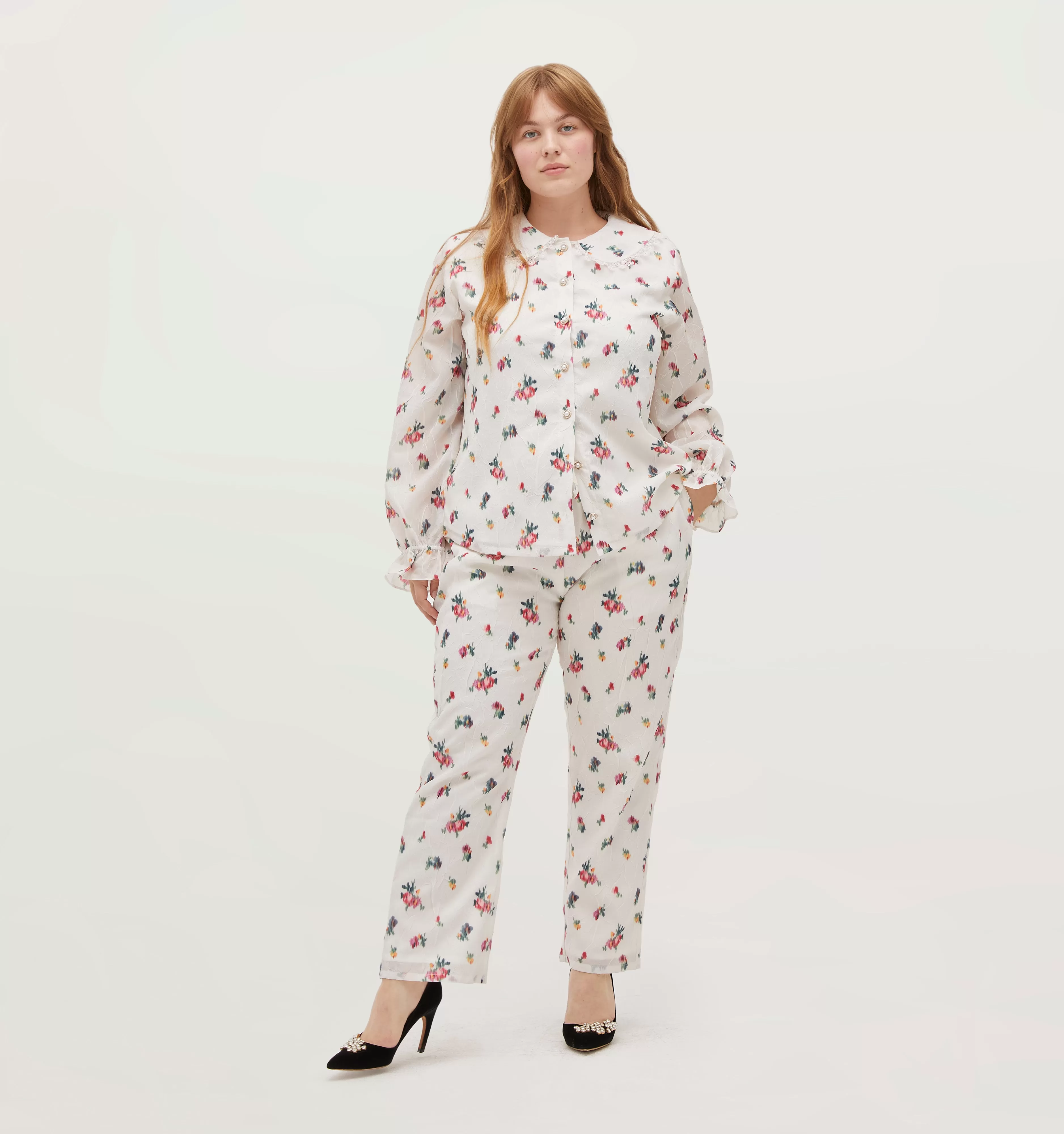 The Going Out Pajama Set - Ivory Ikat Floral Crushed Taffeta